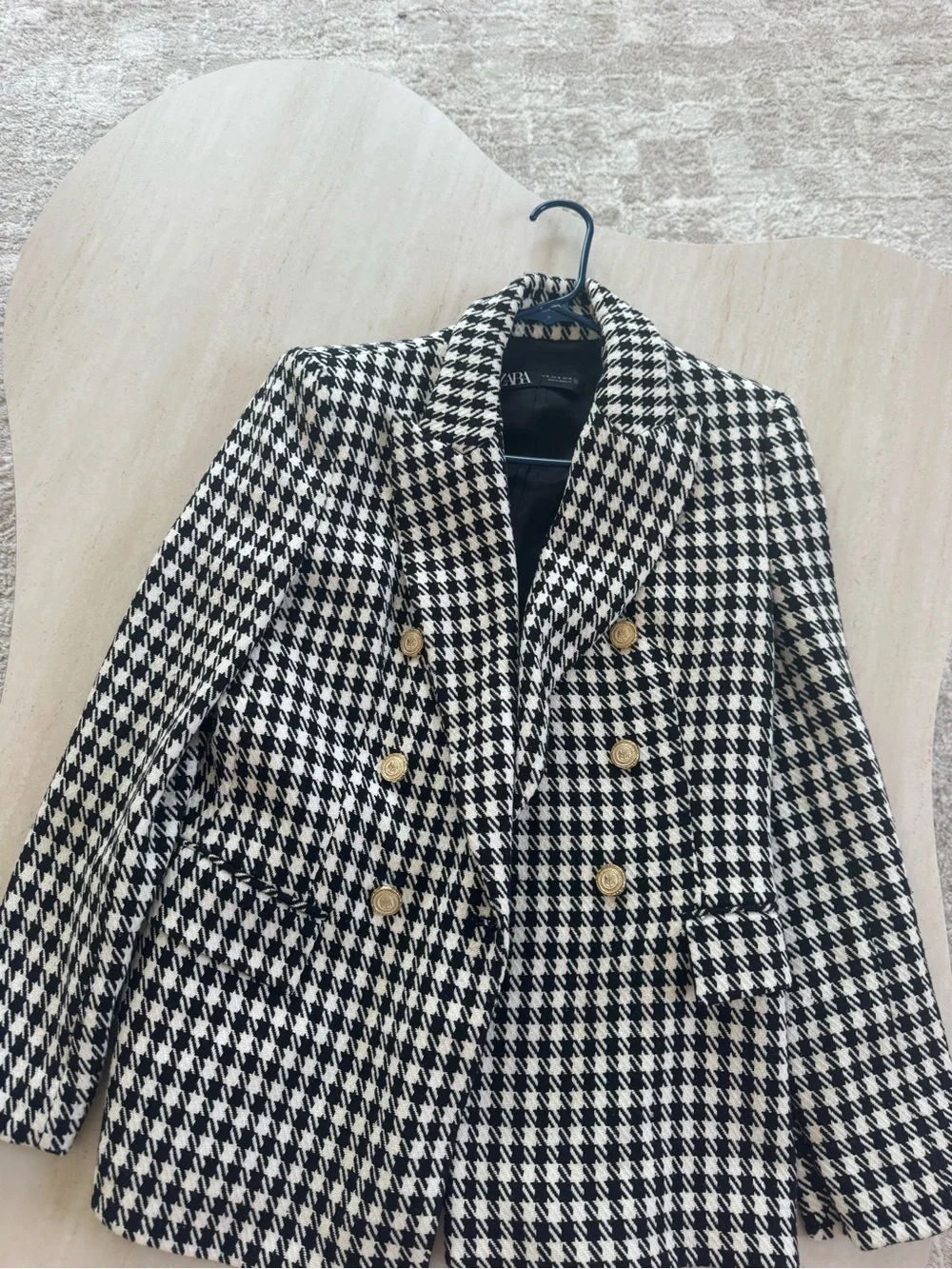 Zara Black & White Houndstooth Double-Breasted Jacket with Gold Buttons